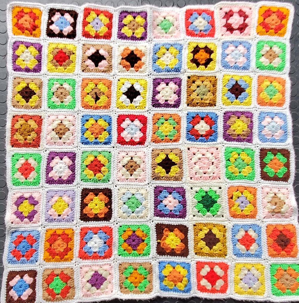 Hand Crochet Granny Square Blanket Afghan Throw 36” X 36 White Border 64 Squares